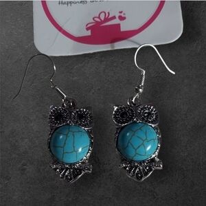 NWT nadineWest Faux Turquoise and Silver Owl Earrings ~1"